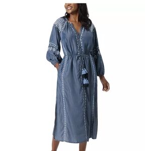 🌴 NWOT TOMMT BAHAMA Chambray  Dress /  Swim Cover-Denim Blue Embroidered